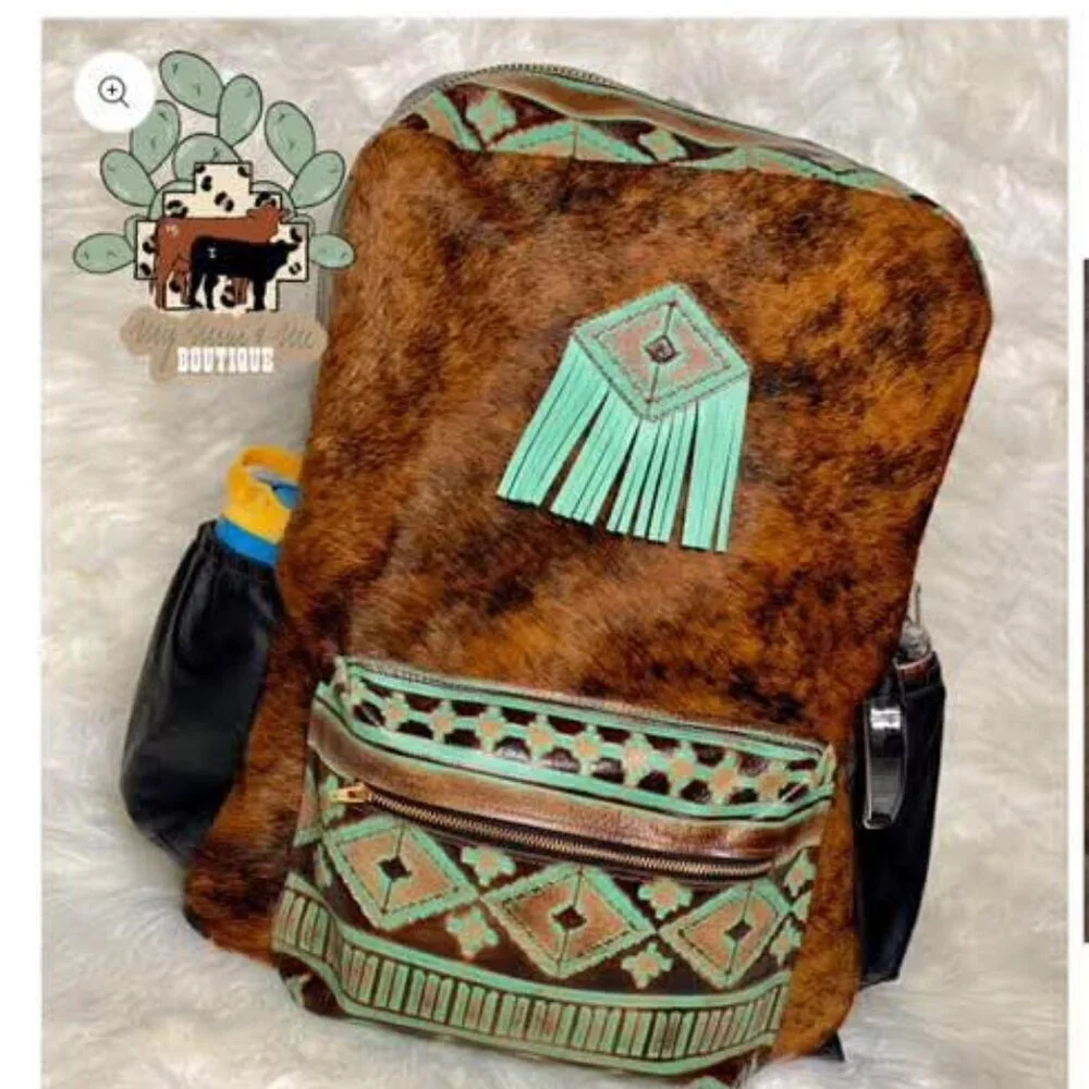 🔥 RARE Western Cowhide & Real Tooled Leather Diaper Bag / Backpack XL 🐄
